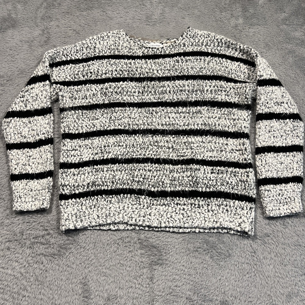 Calvin Klein Sweater Popcorn Eyelash Chunky Knit Striped Black White Women's M